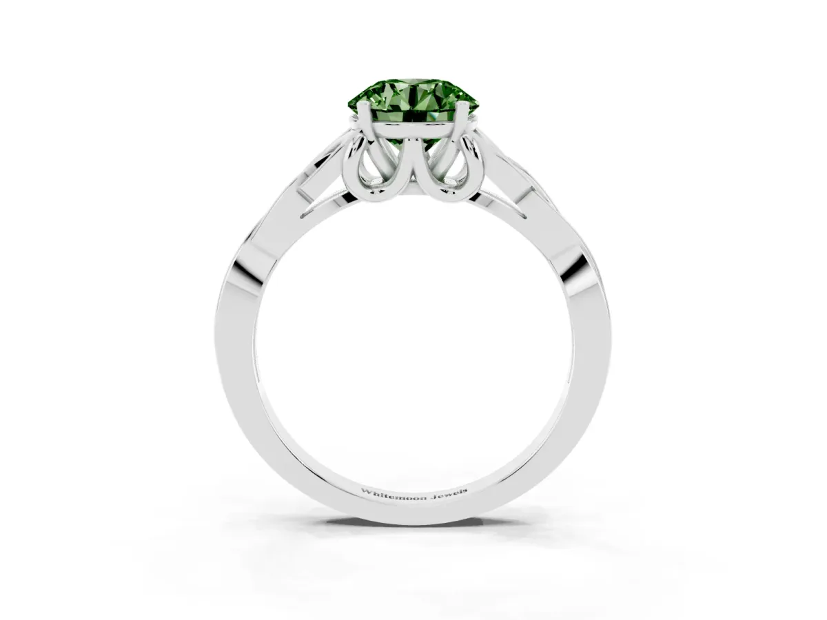 Fancy Green Round Cut Diamond Solitaire Engagement Ring with Celtic Knot Band and Four-Prong Setting Silver