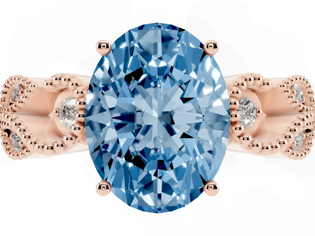Fancy Blue Oval Cut Solitaire Milgrain Leaf Band with Prong Setting Rose gold