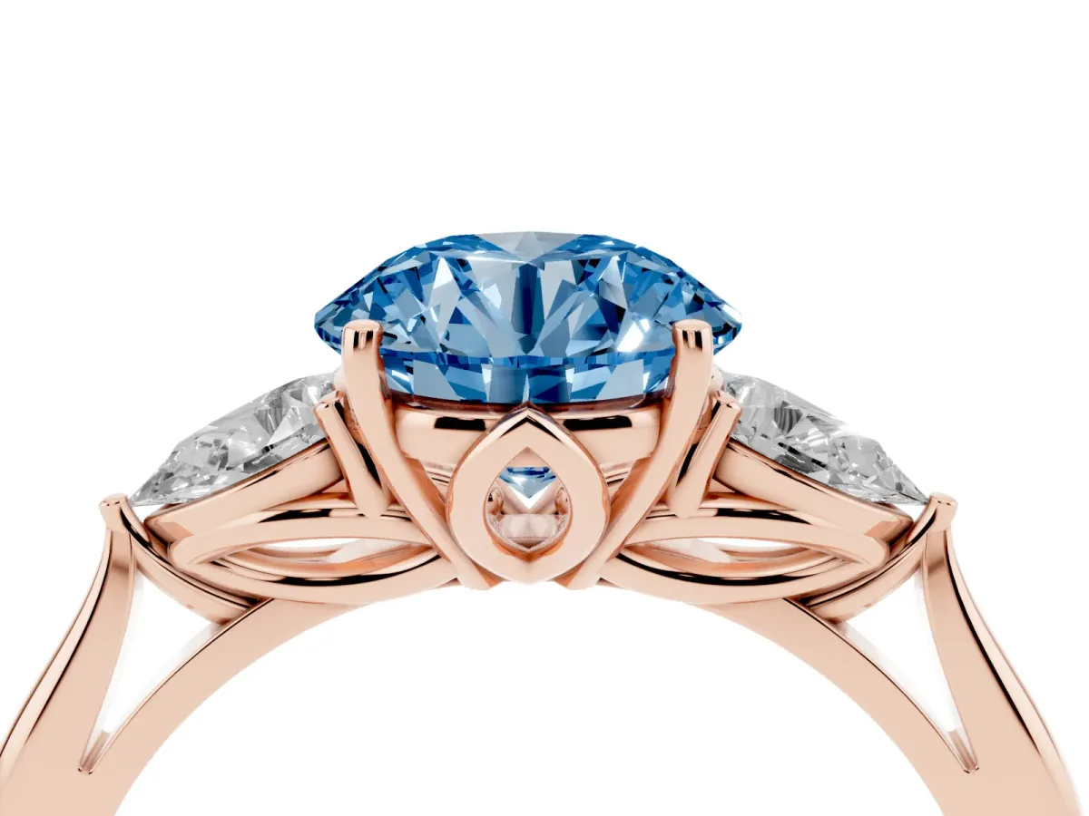 Fancy Blue Round Cut Diamond Three-Stone Ring with Pear Side Stones and Prong Setting Rose gold