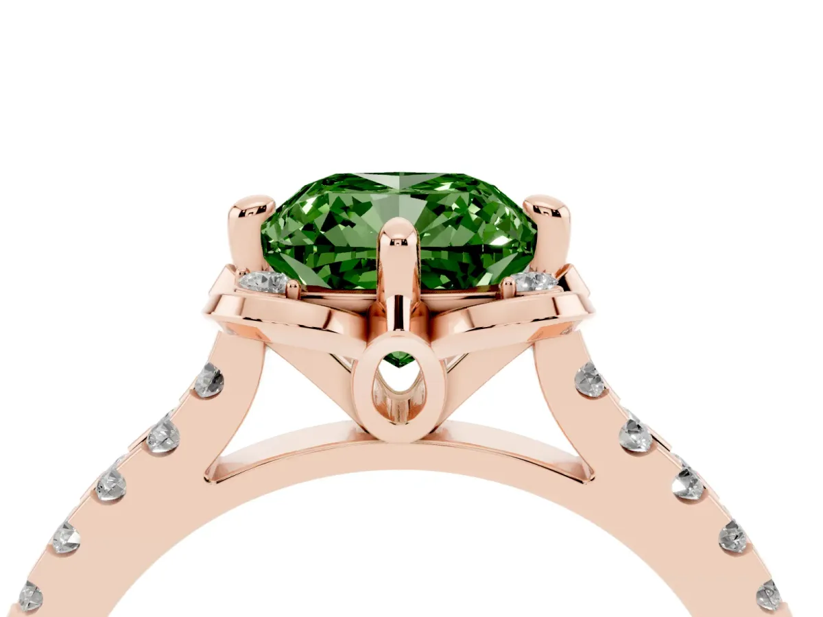Fancy Green Cushion Cut Diamond Ring with Pavé Band and Floral Prong Setting Rose gold