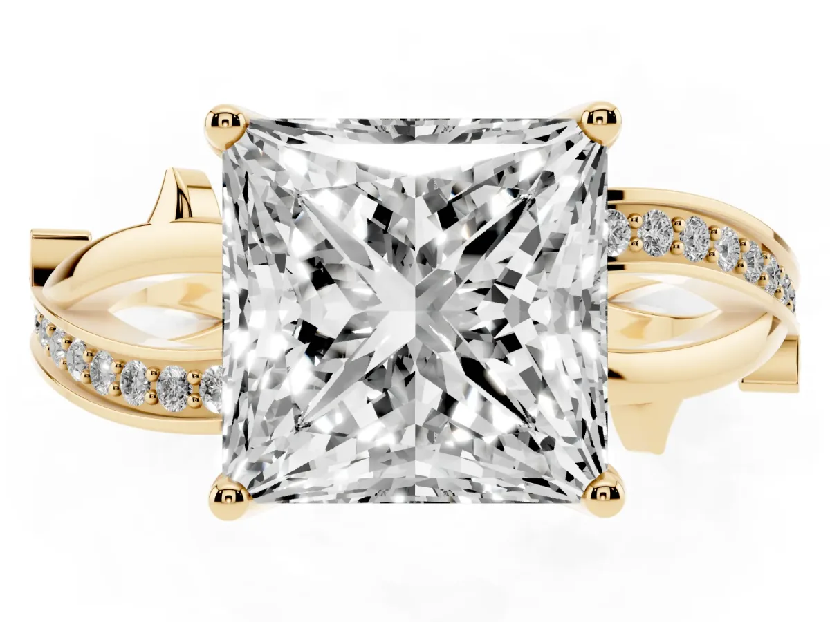 Princess Cut Solitaire Twist Band with Pavé Accents and Four-Prong Setting Yellow gold