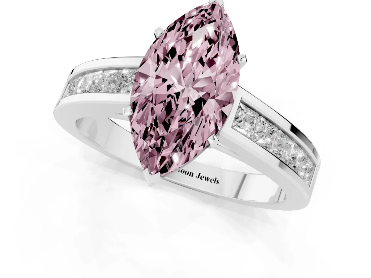 Fancy Pink Marquise Cut Solitaire Diamond Ring with Channel-Set Band and Four-Prong Setting White gold