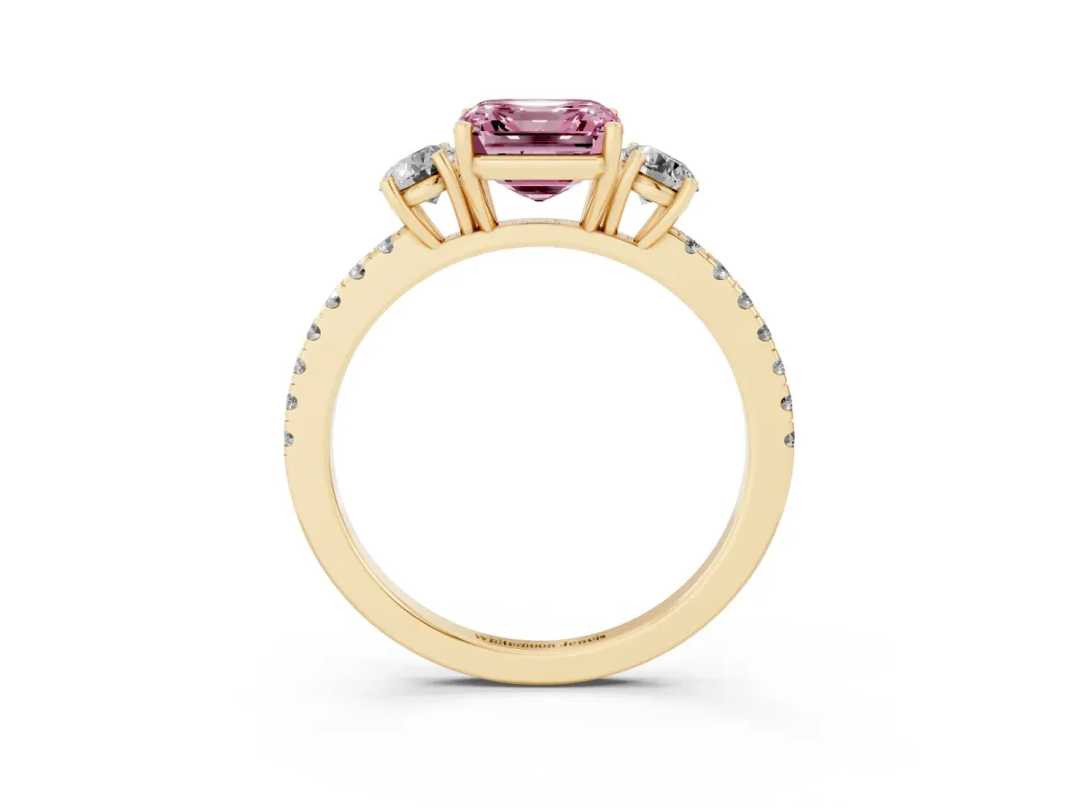 Fancy Pink Three-Stone Asscher Cut Cut Diamond Pavé Band with Prong Setting Yellow gold