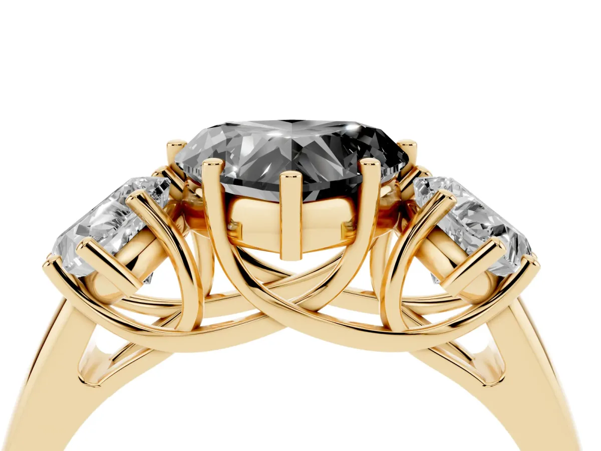 Fancy Black Three-Stone Heart Cut Diamond Engagement Ring with Prong Setting Yellow gold