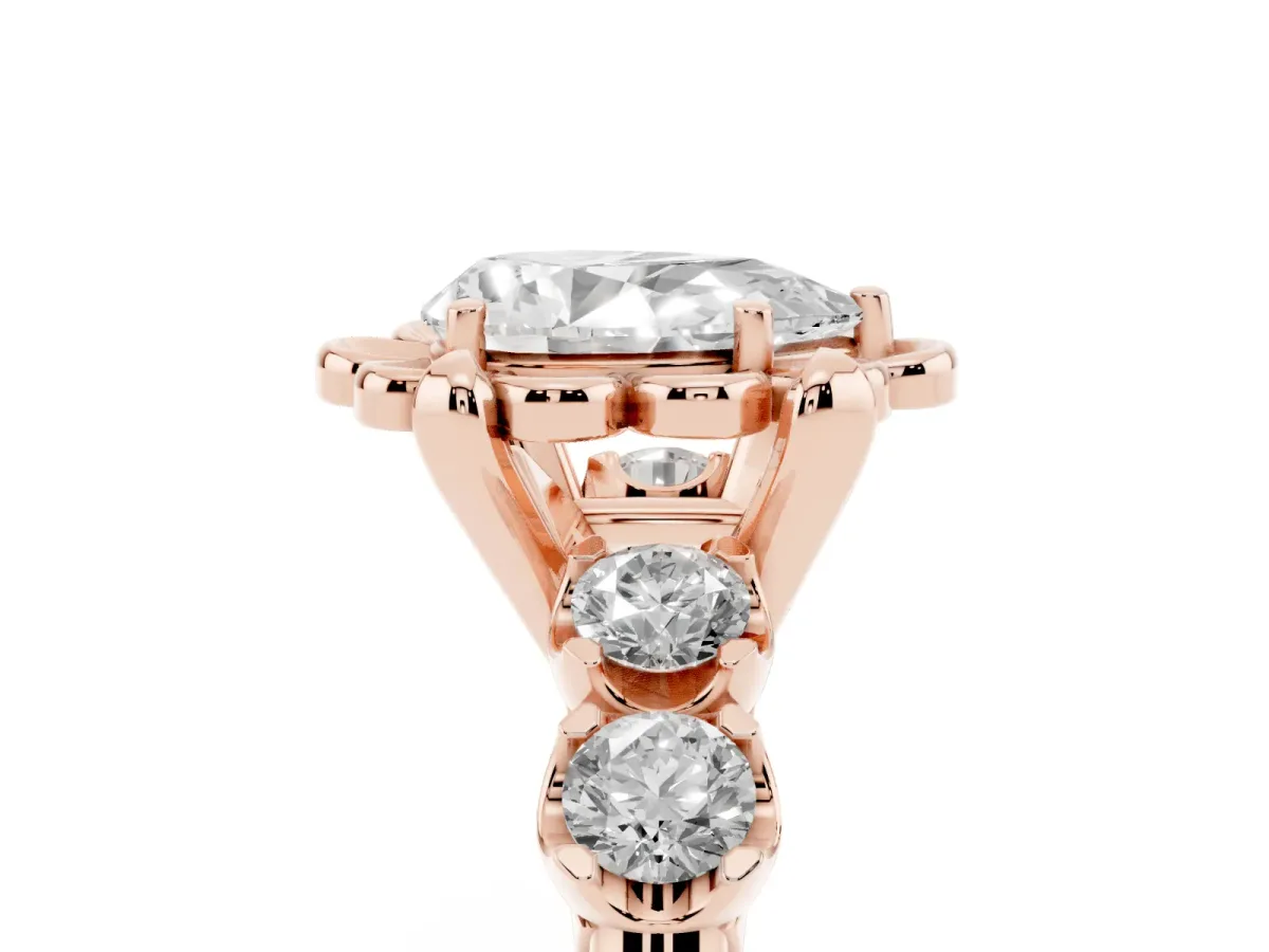 Pear Cut Cut Diamond Floral Halo Engagement Ring with Shared Prong Setting Rose gold