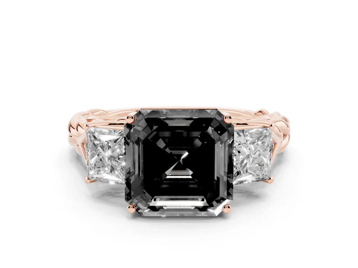 Fancy Black Three-Stone Asscher Cut Diamond Braided Band Ring with Four-Prong Setting Rose gold