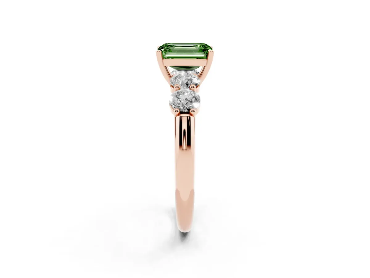 Fancy Green Emerald Cut Cut Five-Stone Prong Set Diamond Ring with Classic Band Rose gold