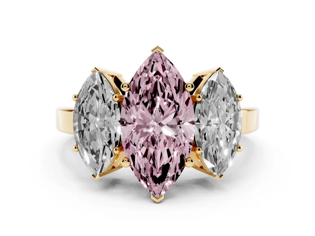 Fancy Pink Three-Stone Marquise Cut Cut Diamond Engagement Ring with Flat Band and Four-Prong Setting Yellow gold