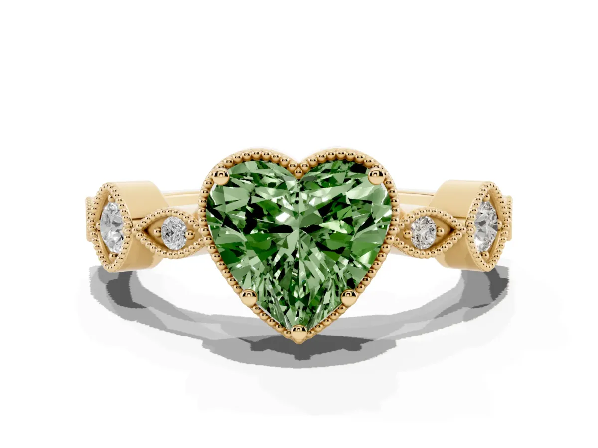 Fancy Green Heart Cut Diamond Vintage Milgrain Ring with Round Stations Yellow gold