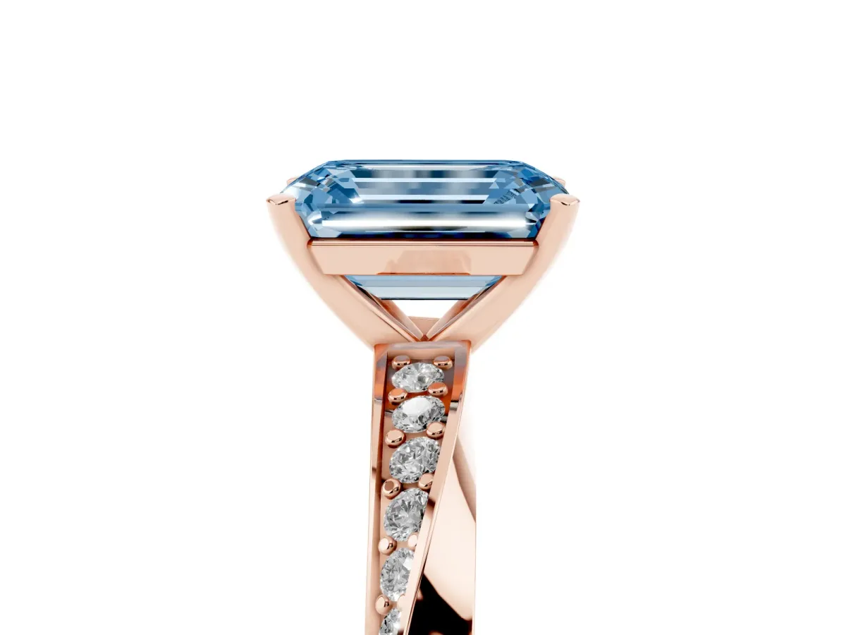 Fancy Blue Emerald Cut Diamond Engagement Ring with Side Stone Accents and Four-Prong Setting Rose gold