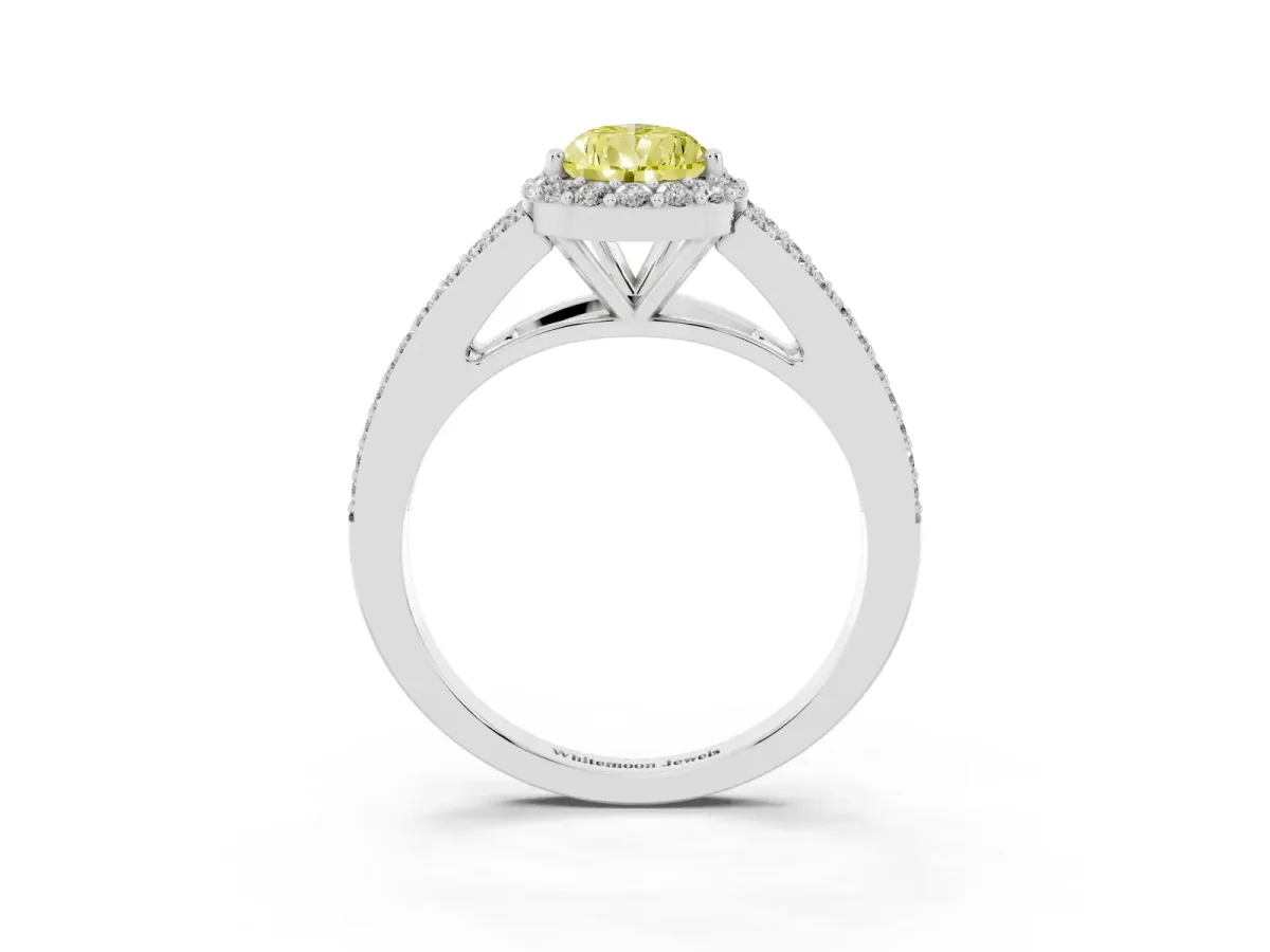 Fancy Yellow Pear Cut Halo Split Shank Pave Diamond Ring with Four-Prong Setting Platinum