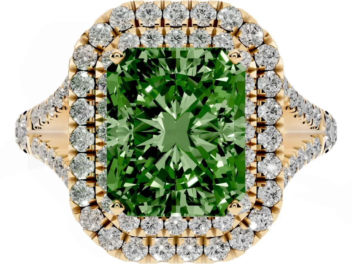 Fancy Green Radiant Cut Diamond Pavé Split Shank Double Halo Engagement Ring Yellow gold