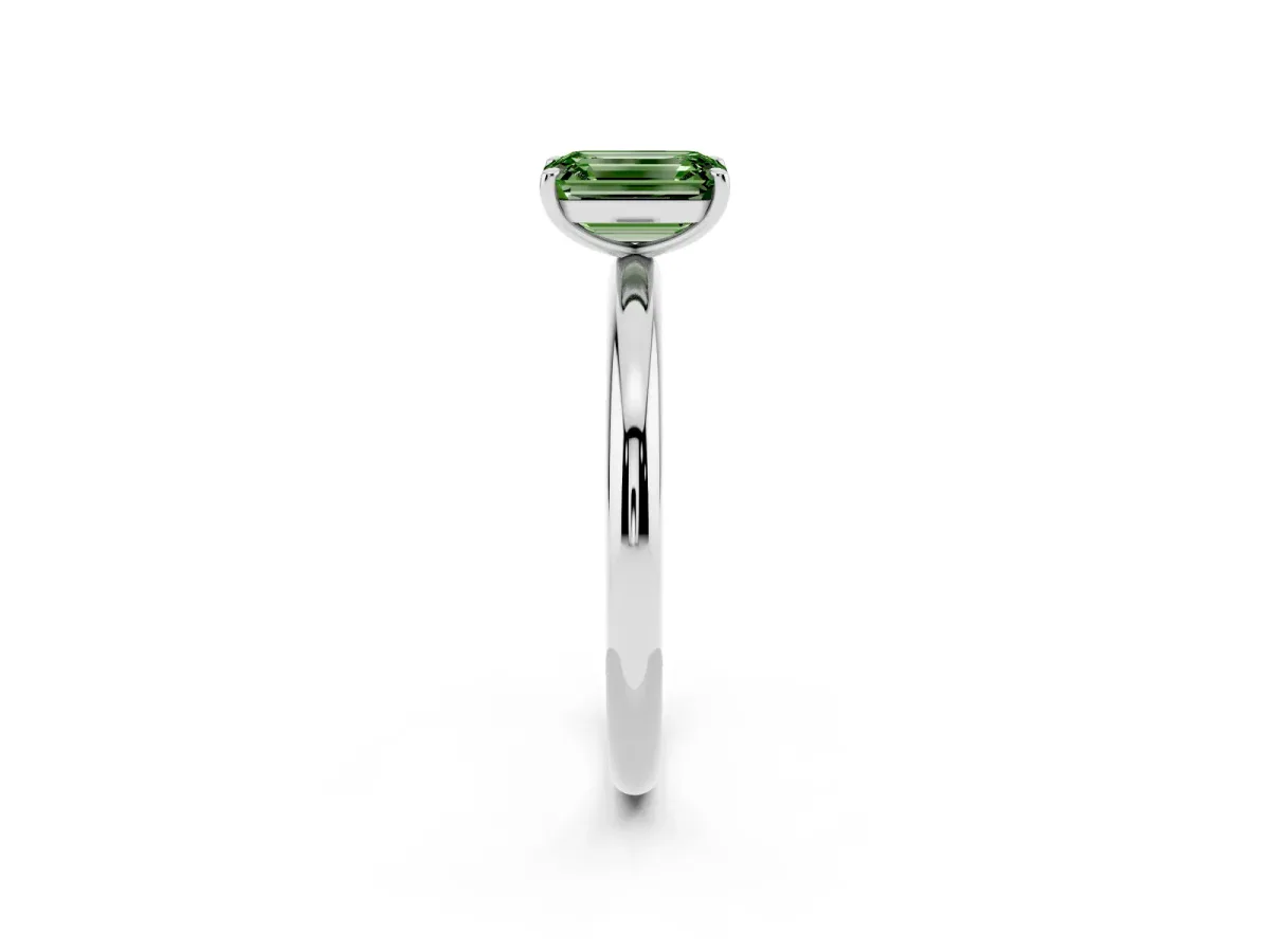 Fancy Green Emerald Cut Solitaire Diamond Ring with Four-Prong Setting on a Plain Band Platinum