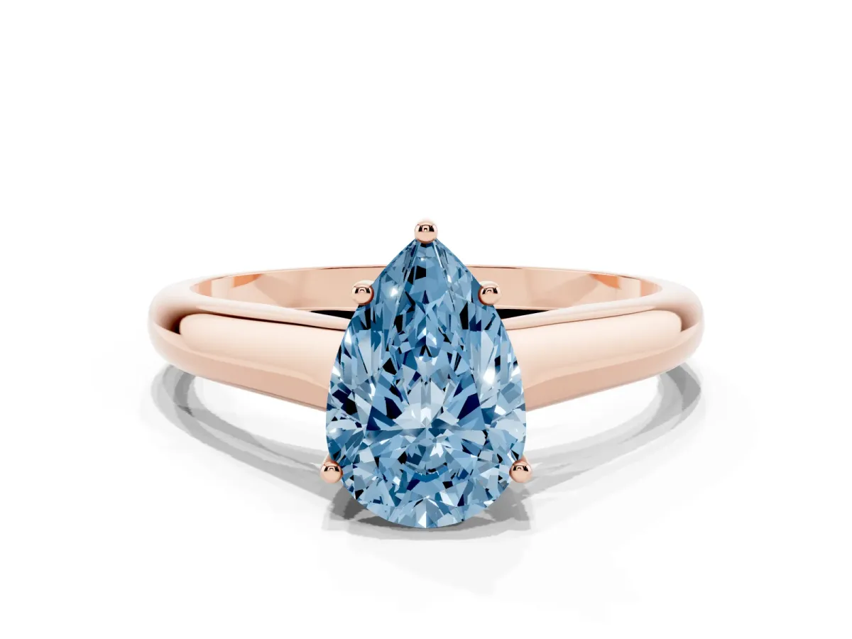 Fancy Blue Pear Cut Solitaire Engagement Ring with Tapered Band and Four-Prong Setting Rose gold