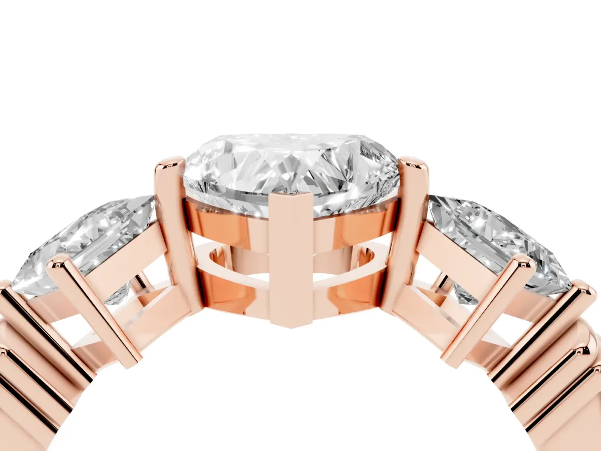 Three-Stone Heart Cut and Princess Cut Diamond Ring with Channel Band and Four-Prong Setting Rose gold