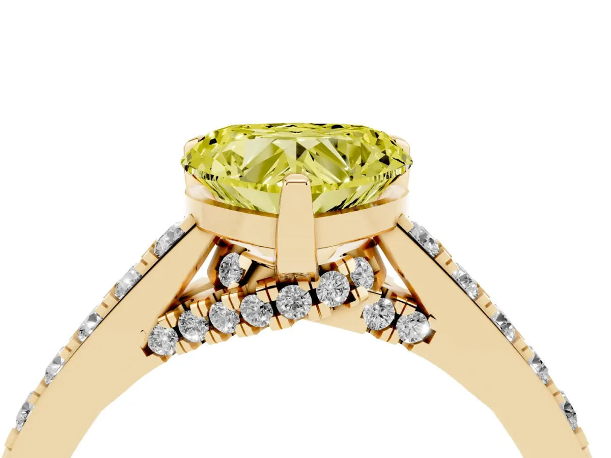 Fancy Yellow Heart Cut Diamond Solitaire Ring with Crossover Gallery and Round Pavé Band Yellow gold