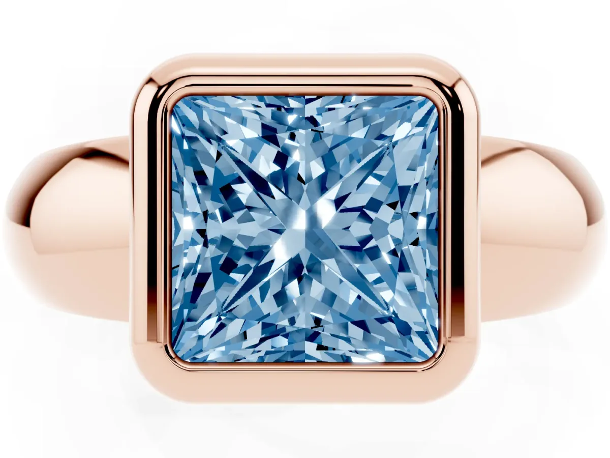 Fancy Blue Bezel Set Princess Cut Solitaire Ring with Wide Band Rose gold