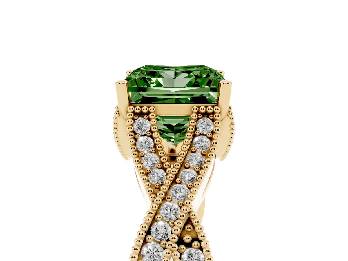 Fancy Green Princess Cut Cut Diamond Twisted Band with Milgrain Pave Setting and Four-Prong Setting Yellow gold