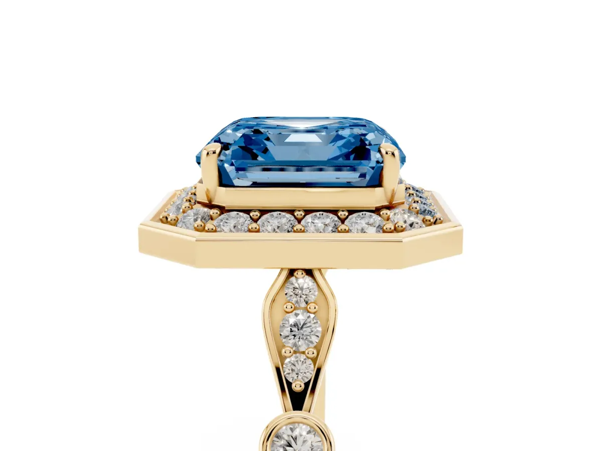Fancy Blue Asscher Cut Halo Diamond Engagement Ring with Twisted Band and Four-Prong Setting Yellow gold