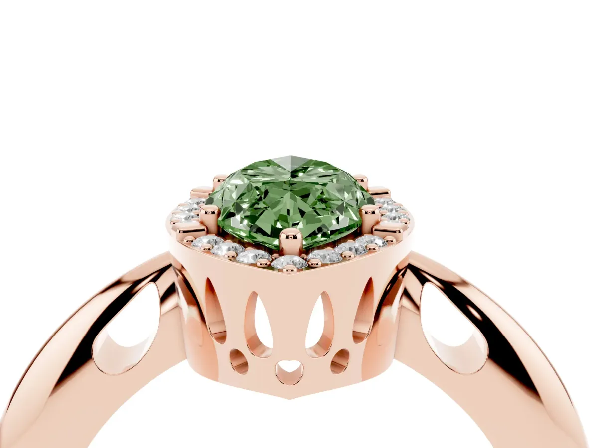 Fancy Green Marquise Cut Cut Diamond Halo Engagement Ring with Split Shank and Four-Prong Setting Rose gold