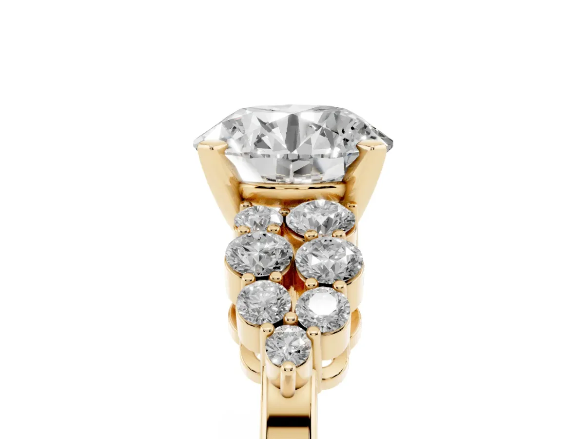 Round Cut Cluster Diamond Engagement Ring with Pavé Band and Four-Prong Setting Yellow gold