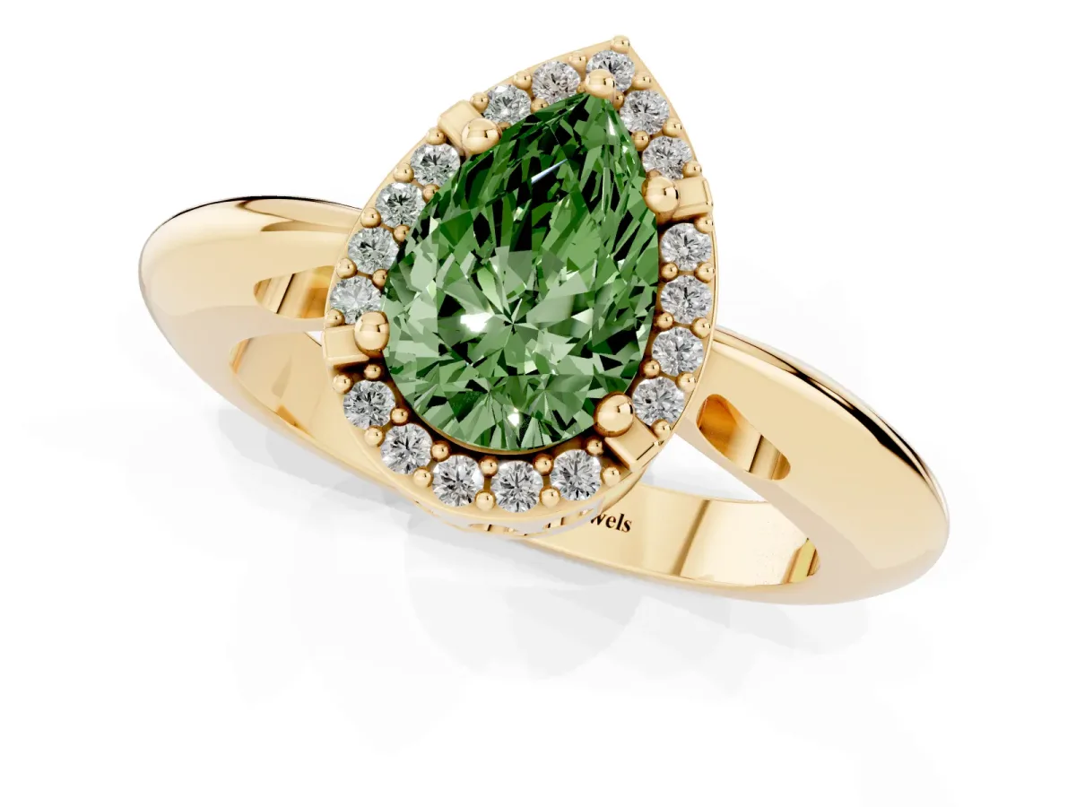 Fancy Green Pear Cut Cut Diamond Halo Engagement Ring with Split Shank and Four-Prong Setting Yellow gold