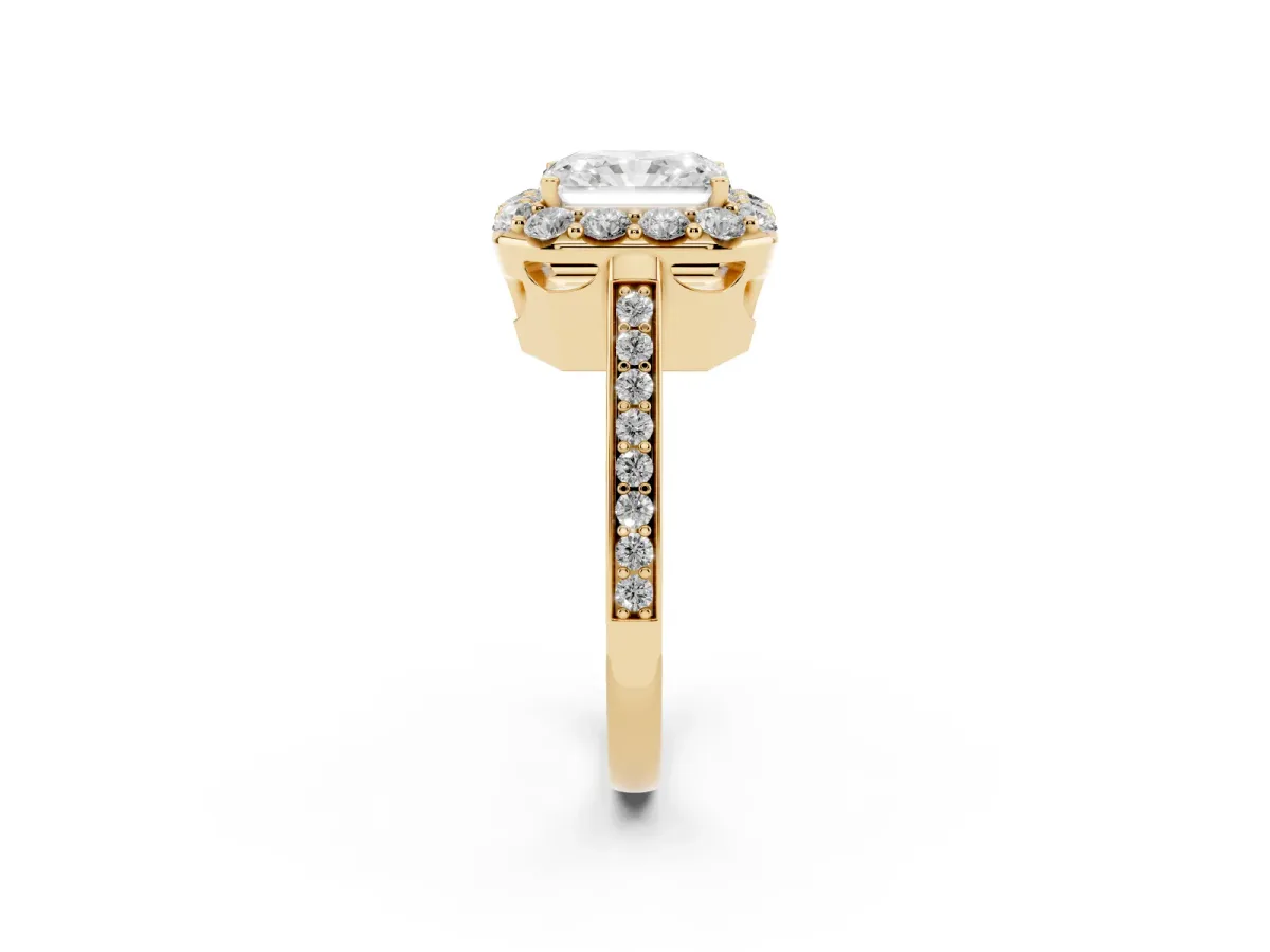 Radiant Cut Diamond Floral Halo Ring with Pavé Band and Prong Setting Yellow gold