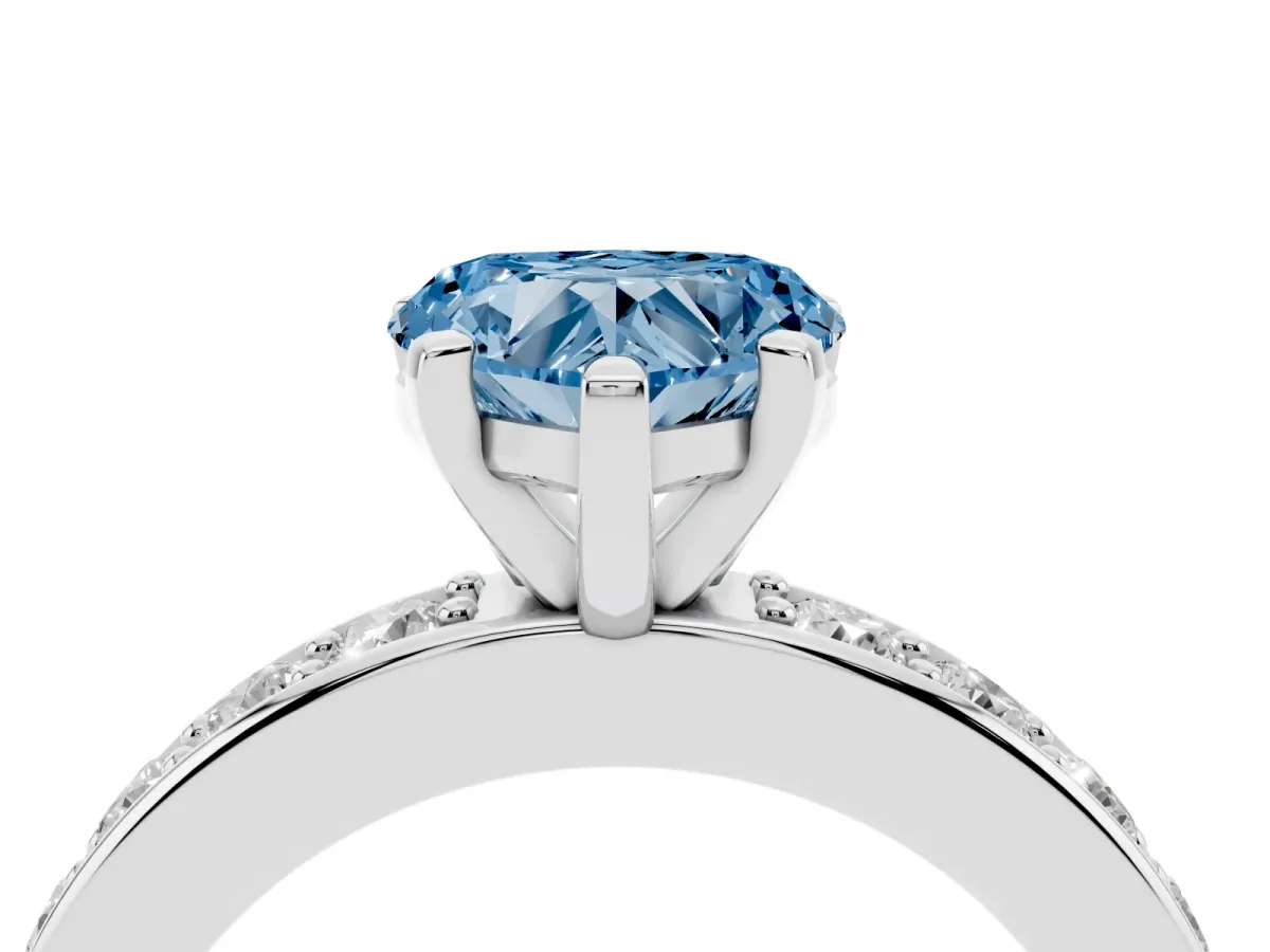 Fancy Blue Heart Cut Diamond Engagement Ring with Channel Set Round Band and Prong Setting Silver