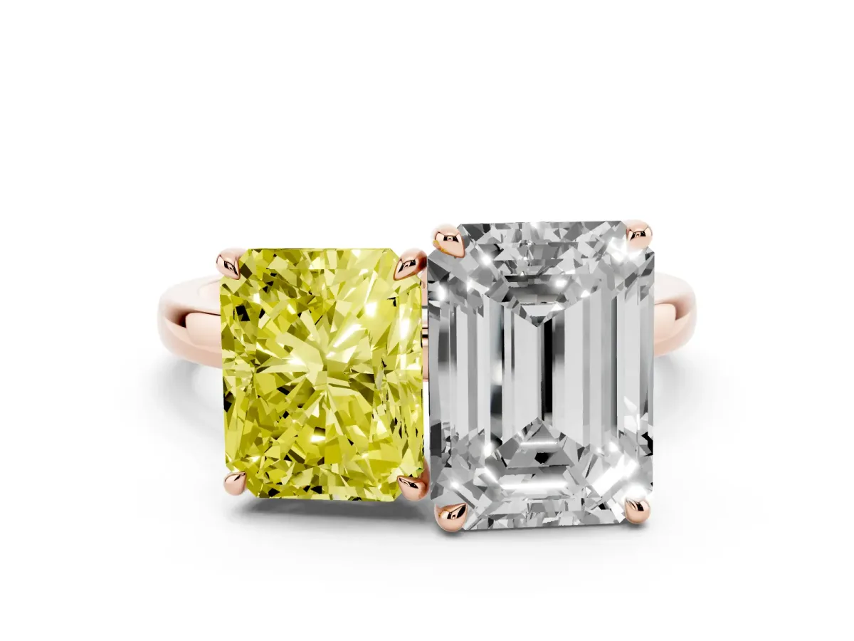 Fancy Yellow Radiant Cut and Emerald Cut Toi Moi Ring with Prong Setting Rose gold