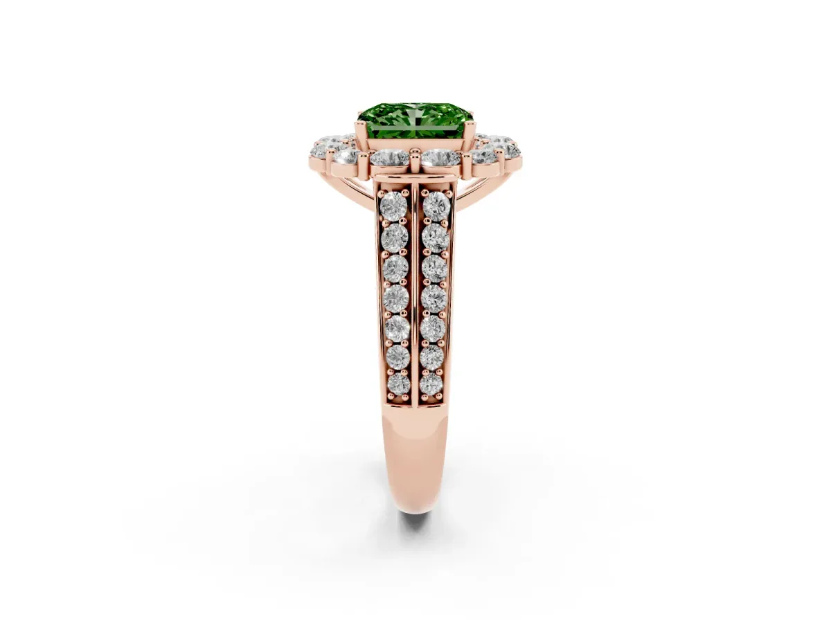 Fancy Green Radiant Cut Halo Diamond Engagement Ring with Split Shank and Prong Setting Rose gold