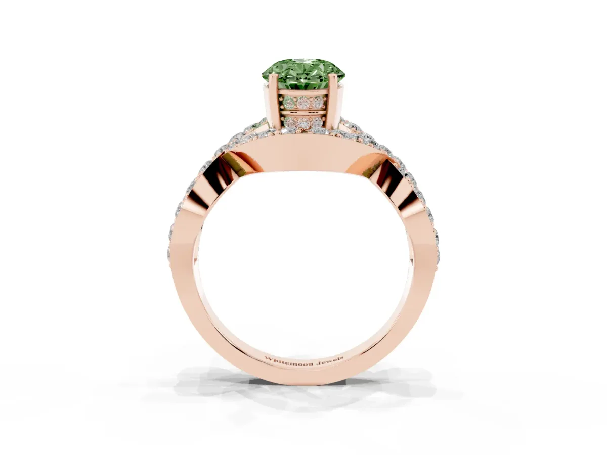 Fancy Green Oval Cut Solitaire Twist Band Pavé Diamond Engagement Ring Rose gold