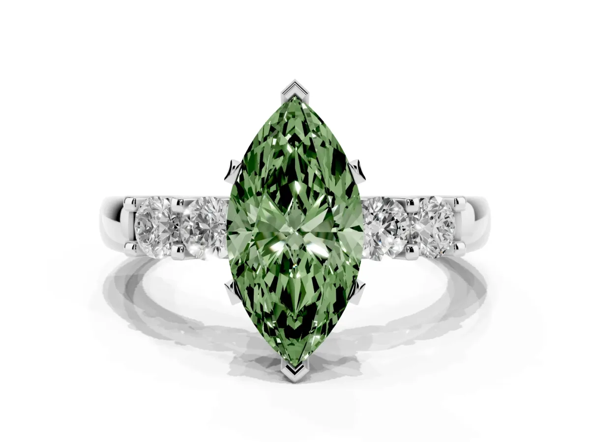 Fancy Green Marquise Cut Brilliant Cut Diamond Five-Stone Prong Set Engagement Ring with Channel Band White gold