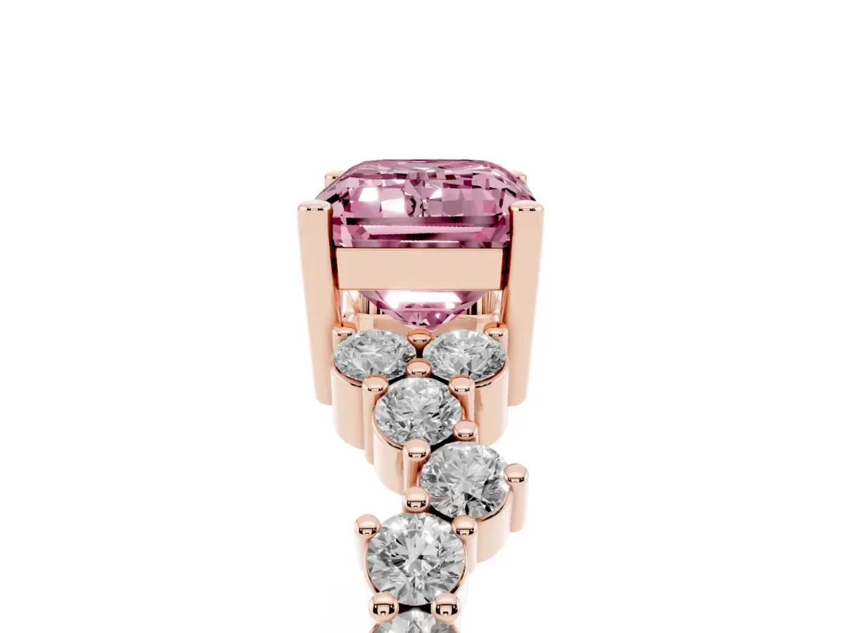 Fancy Pink Emerald Cut Diamond Scattered Round Accent Ring with Prong Setting Rose gold