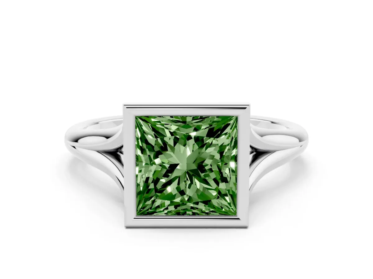 Fancy Green Bezel Set Princess Cut Cut Solitaire Ring with Tapered Band Platinum