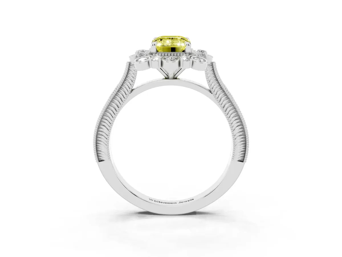 Fancy Yellow Emerald Cut Halo Milgrain Pave Diamond Ring with Four-Prong Setting Silver