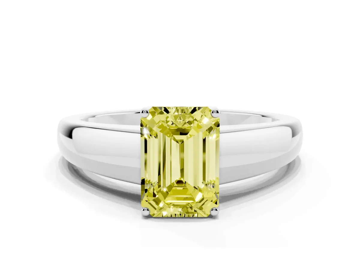 Fancy Yellow Emerald Cut Solitaire Diamond Ring with Tapered Band and Four-Prong Setting Silver