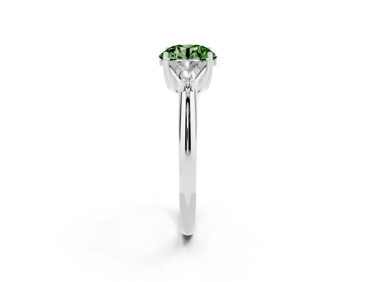 Fancy Green Three-Stone Round Cut Diamond Engagement Ring with Trillion Side Stones and Prong Setting Silver