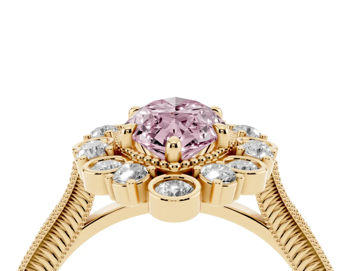 Fancy Pink Marquise Cut Halo Milgrain Pave Diamond Ring with Four-Prong Setting Yellow gold