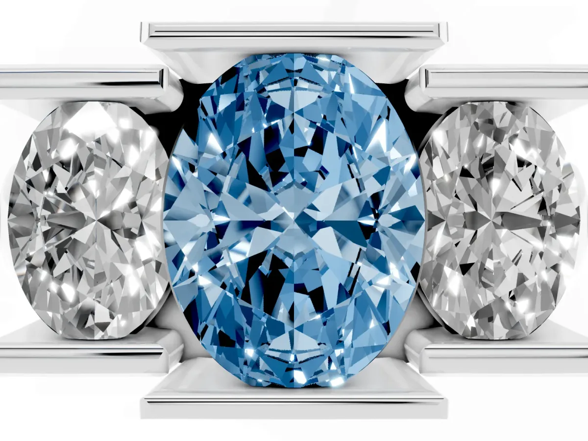 Fancy Blue Three Stone Oval Cut Cut Channel Set Diamond Ring Platinum
