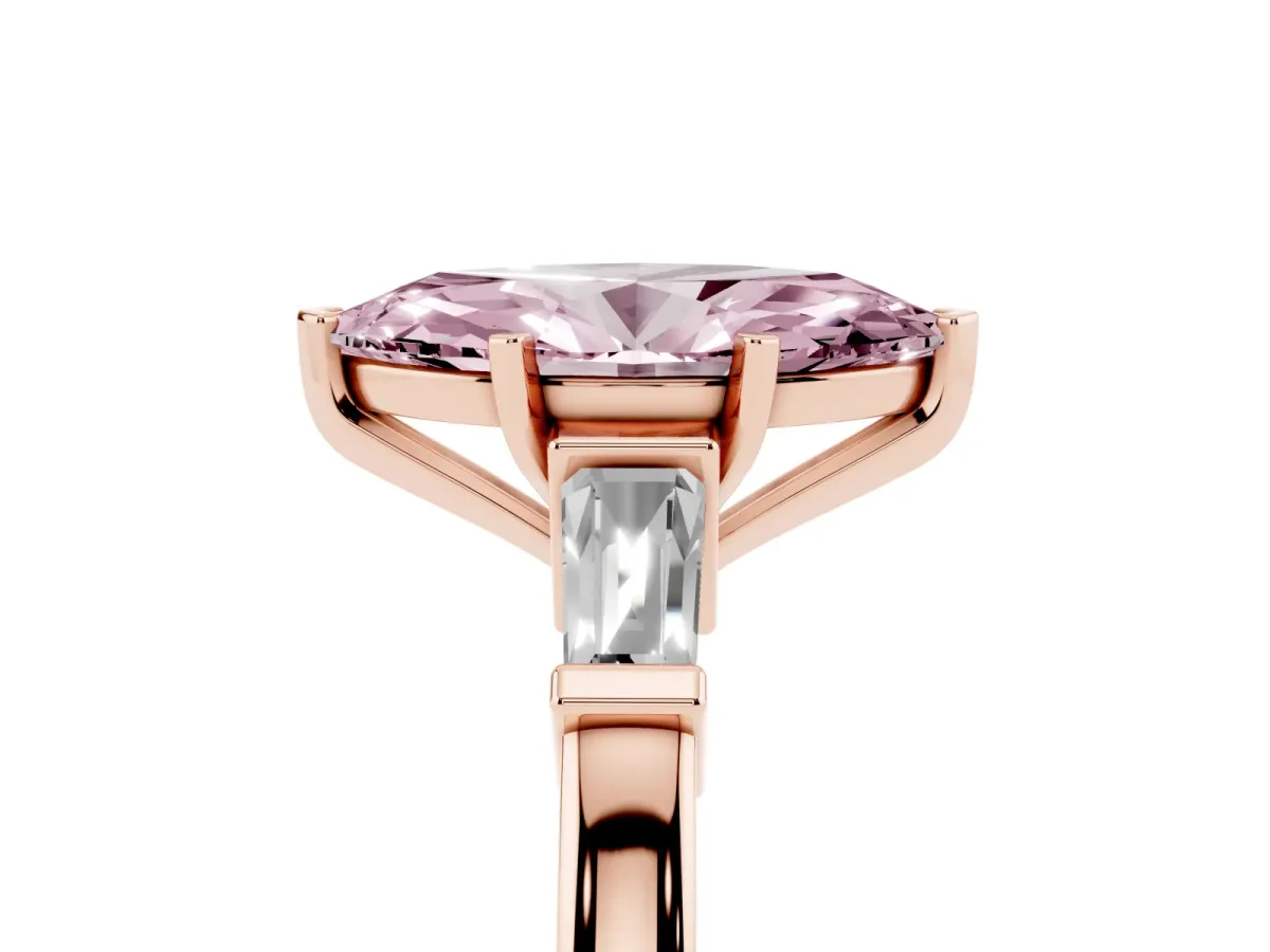Fancy Pink Marquise Cut Cut Diamond Solitaire Ring with Tapered Baguette Accents and Four-Prong Setting Rose gold