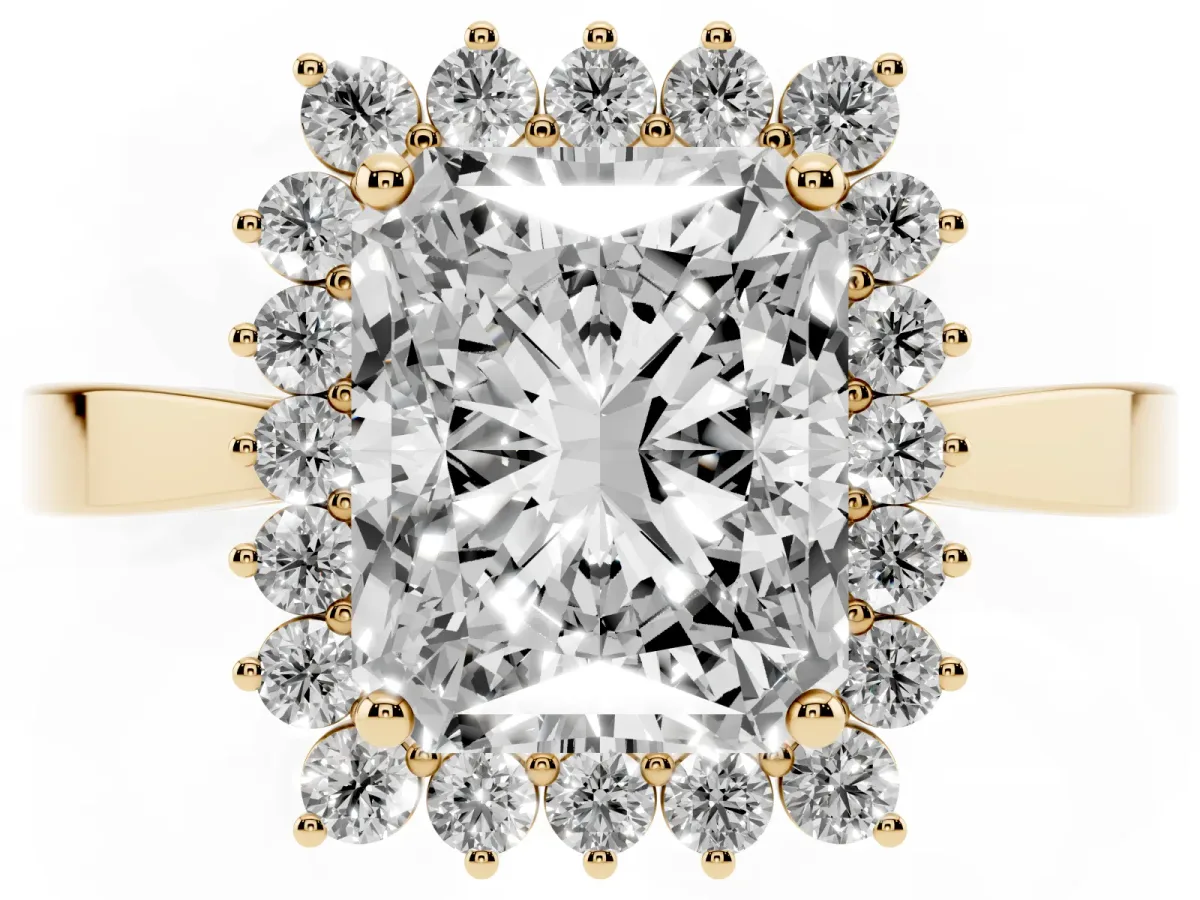Radiant Cut Cut Diamond Halo Ring with Round Brilliant Halo and Solitaire Band Yellow gold