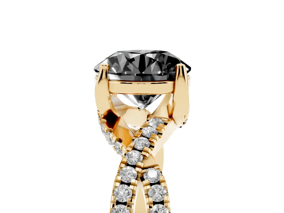 Fancy Black Round Cut Solitaire Twist Pave Diamond Engagement Ring with Prong Setting Yellow gold