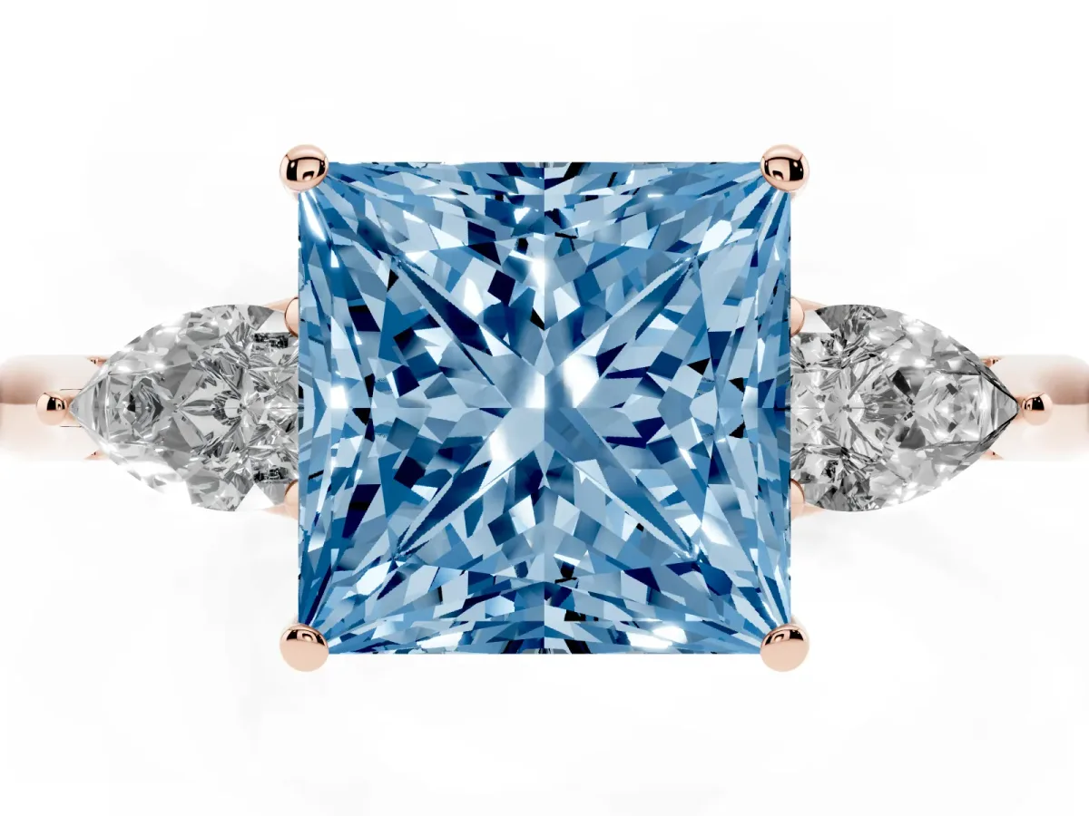 Fancy Blue Princess Cut Diamond Three-Stone Ring with Pear Side Stones and Prong Setting Rose gold