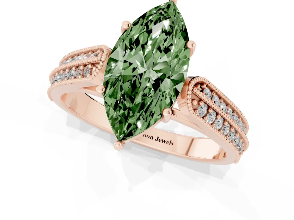 Fancy Green Marquise Cut Cut Pave Split Shank Engagement Ring with Four-Prong Setting Rose gold
