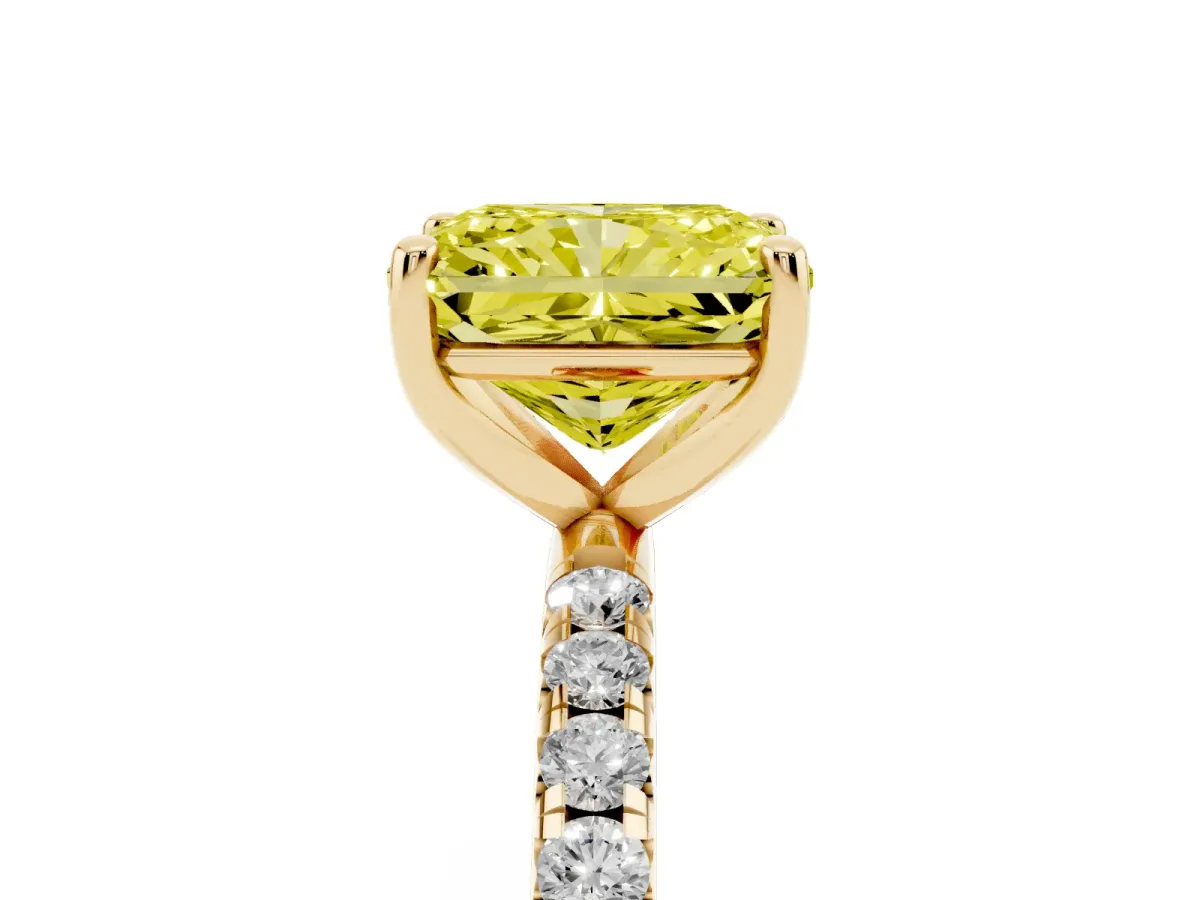 Fancy Yellow Radiant Cut Cut Diamond Solitaire Ring with Micro Pave Band and Four Prong Setting Yellow gold