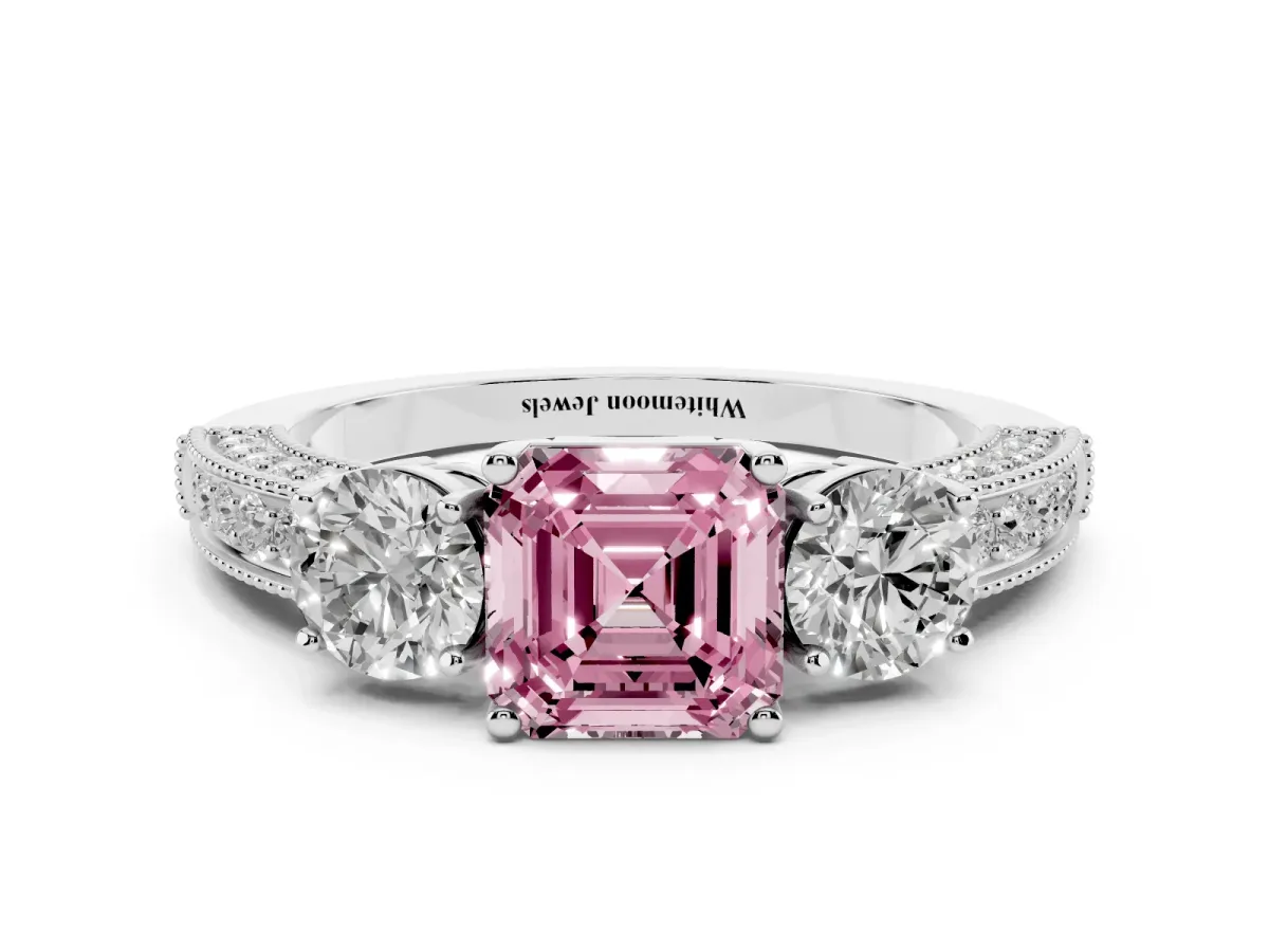 Fancy Pink Asscher Cut Three-Stone Diamond Ring with Pavé Band and Four-Prong Setting Silver