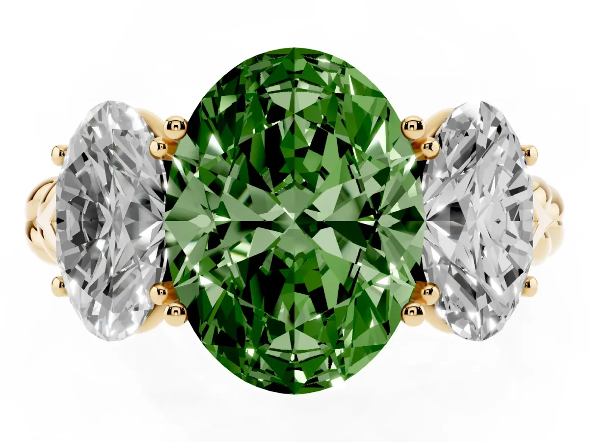 Fancy Green Three-Stone Oval Cut Diamond Braided Band Ring with Four-Prong Setting Yellow gold