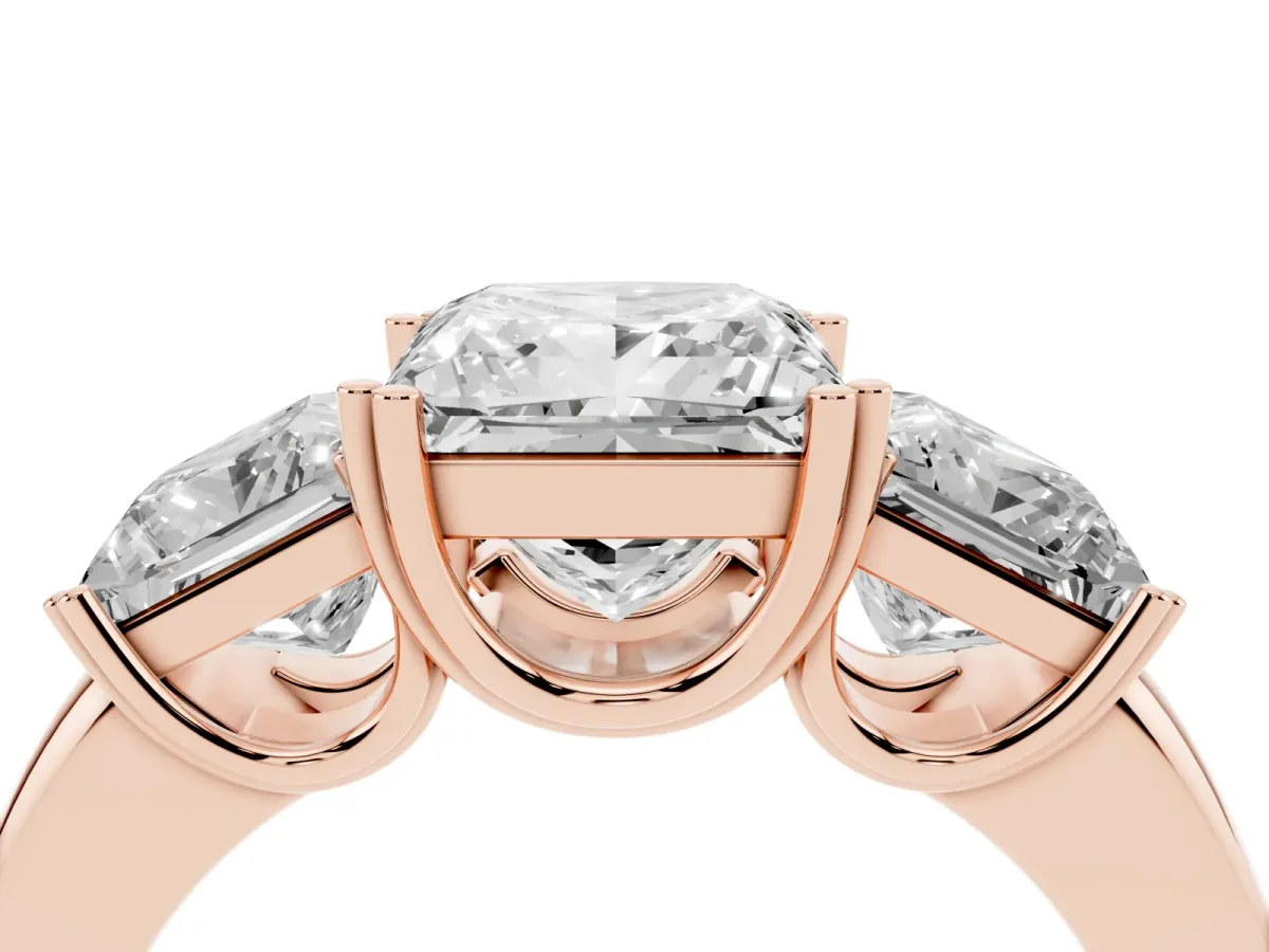 Three-Stone Princess Cut Cut Diamond Ring with Channel Set Band and Four-Prong Setting Rose gold