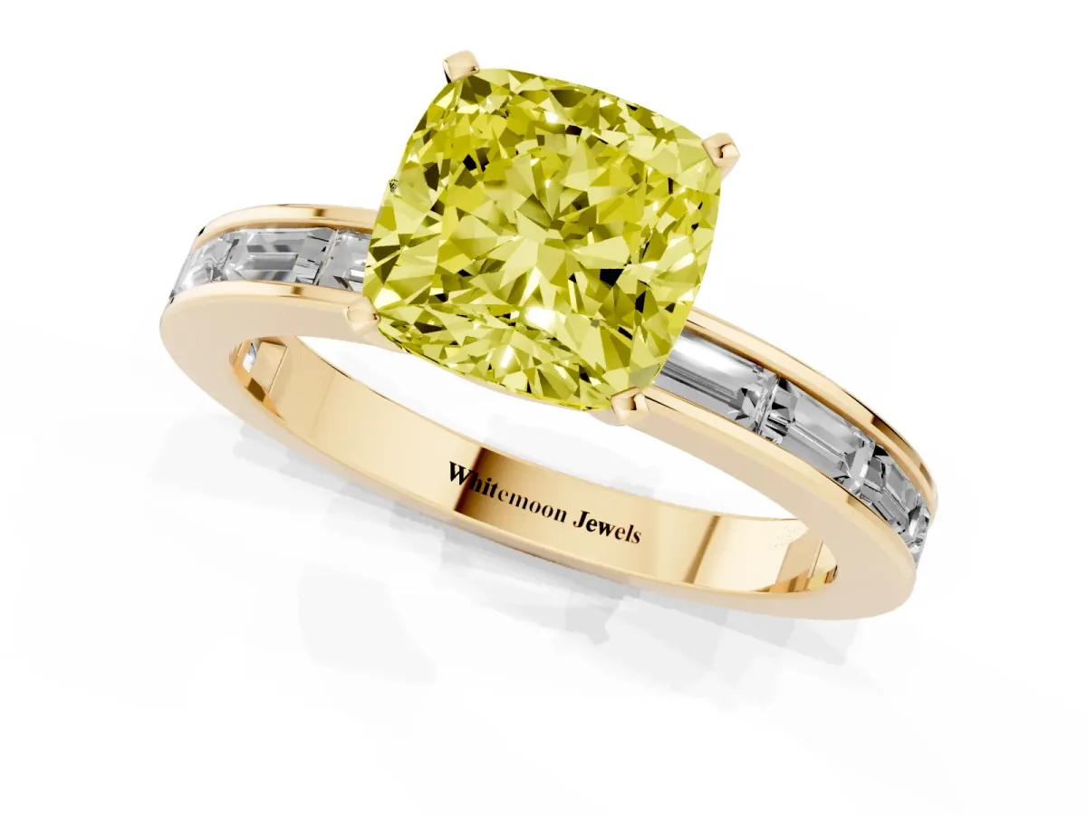 Fancy Yellow Cushion Cut Solitaire Diamond Ring with Channel-Set Baguette Band and Four-Prong Setting Yellow gold