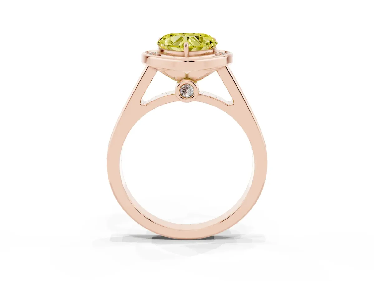 Fancy Yellow Heart Cut Halo Solitaire Diamond Ring with Pave Band and Bezel Setting Rose gold